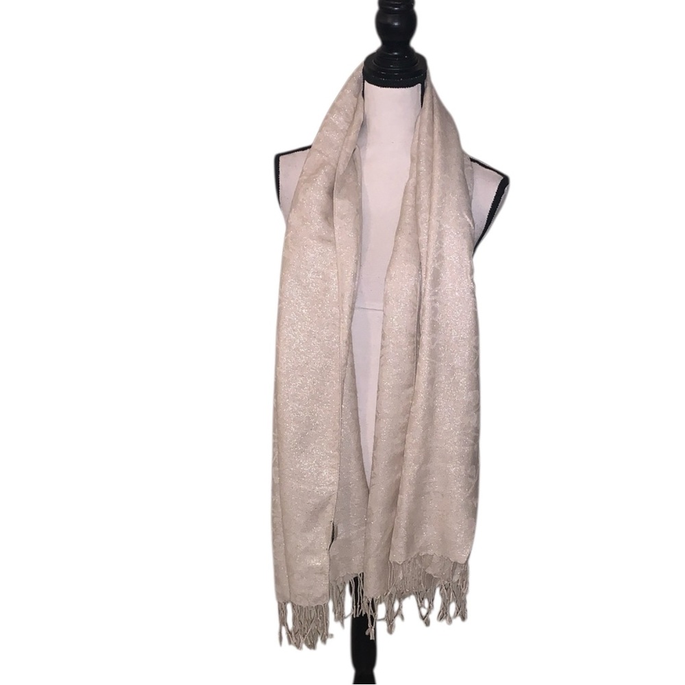 RSVP Sparkly Cream Scarf with Fringe Winter Holiday Gold Sparkles